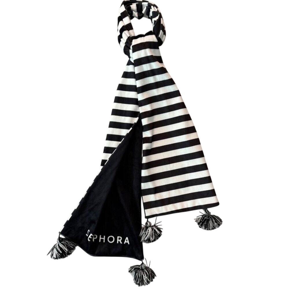Sephora Black White Striped Tassel Scarf Pom Fringe Knit Wrap NWT